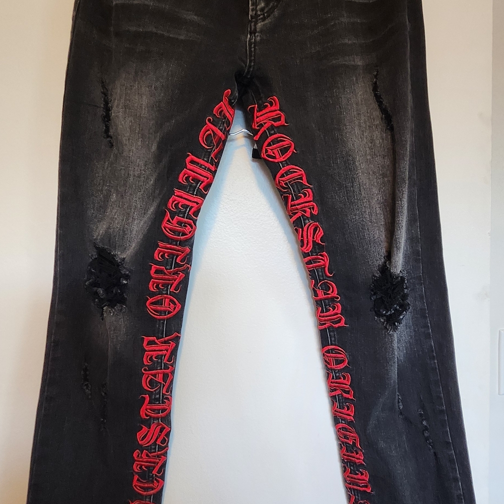 Men's Black Skinny Jeans with Red Detailing